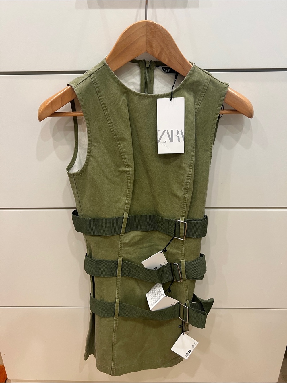 Zara Olive Green Utility Dress with Buckle Straps